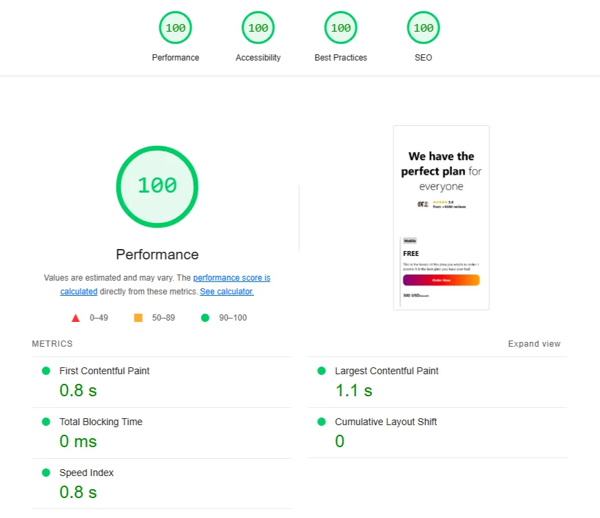 lighthouse results screen displaying 100 out of 100 on all metrics